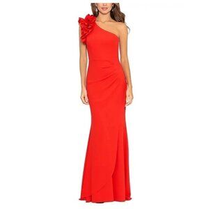 XSCAPE Womens Size 12 Petite Red Ruffled One-Shoulder Cocktail Gown Maxi Dress